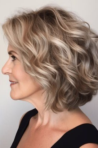 Blonde wavy bob hairstyle for women over 60, side view