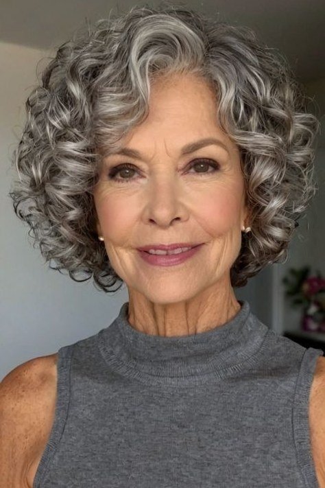 Dark gray curly bob hairstyle for women over 60, front view