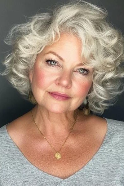 White blonde voluminous curly bob for women over 60
