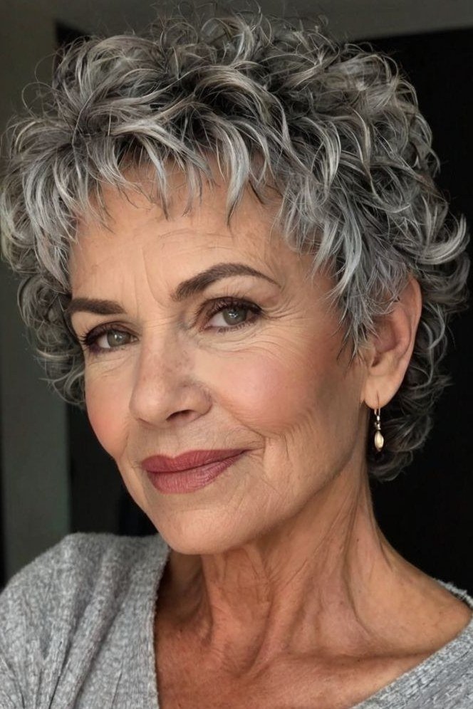 Dark gray curly pixie bob hairstyle for women over 60