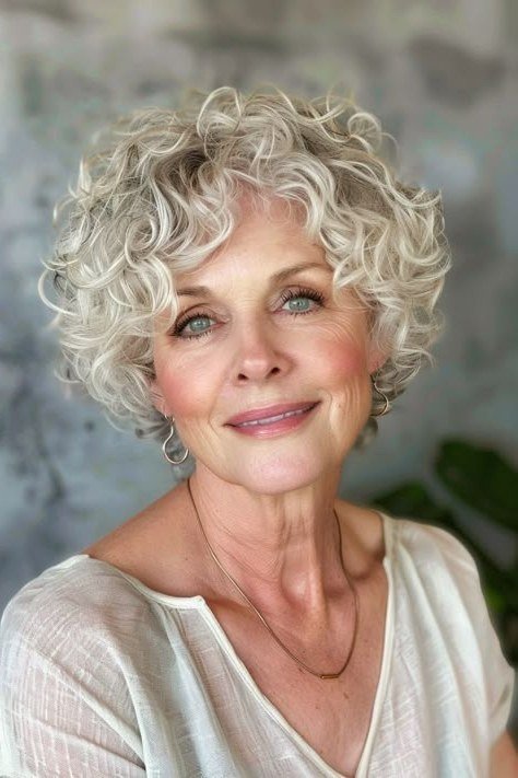 Classic white curly bob hairstyle for women over 60, front view