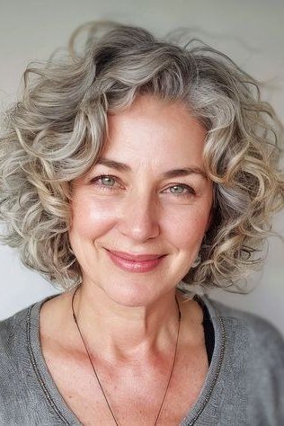 Blonde gray curly bob hairstyle for women over 60, front view