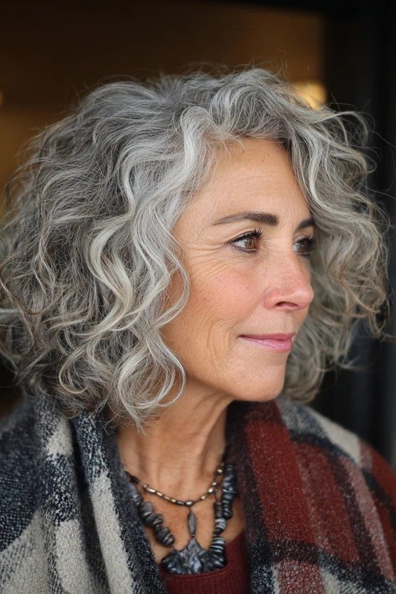 Wavy silver gray curly bob hairstyle for women over 60