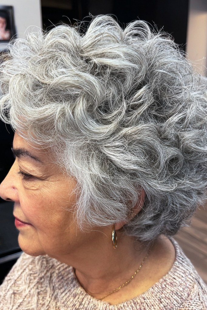 Tight round silver curly bob hairstyle for women over 60