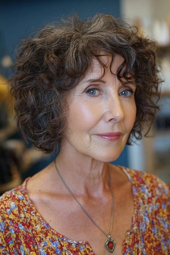 Dark brown curly bob with curly bangs for women over 60