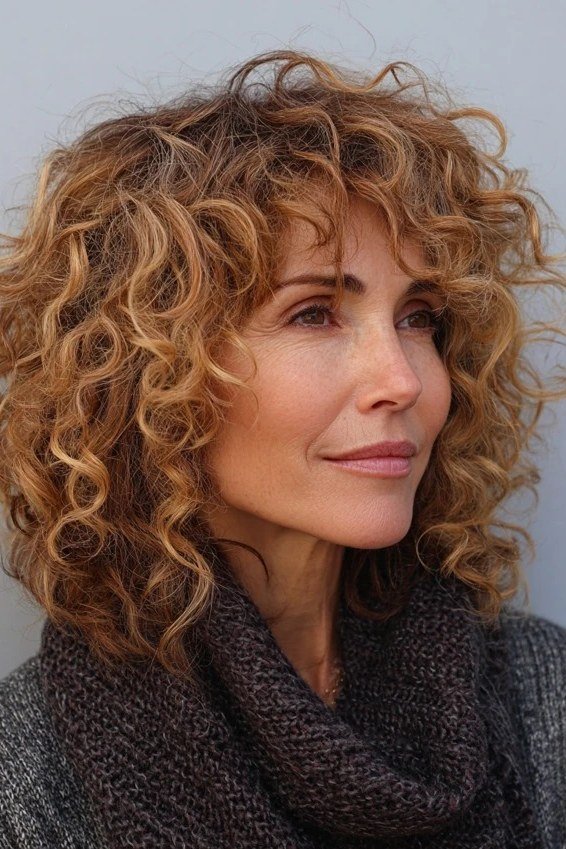 Auburn curly lob hairstyle for women over 60, three quarter view