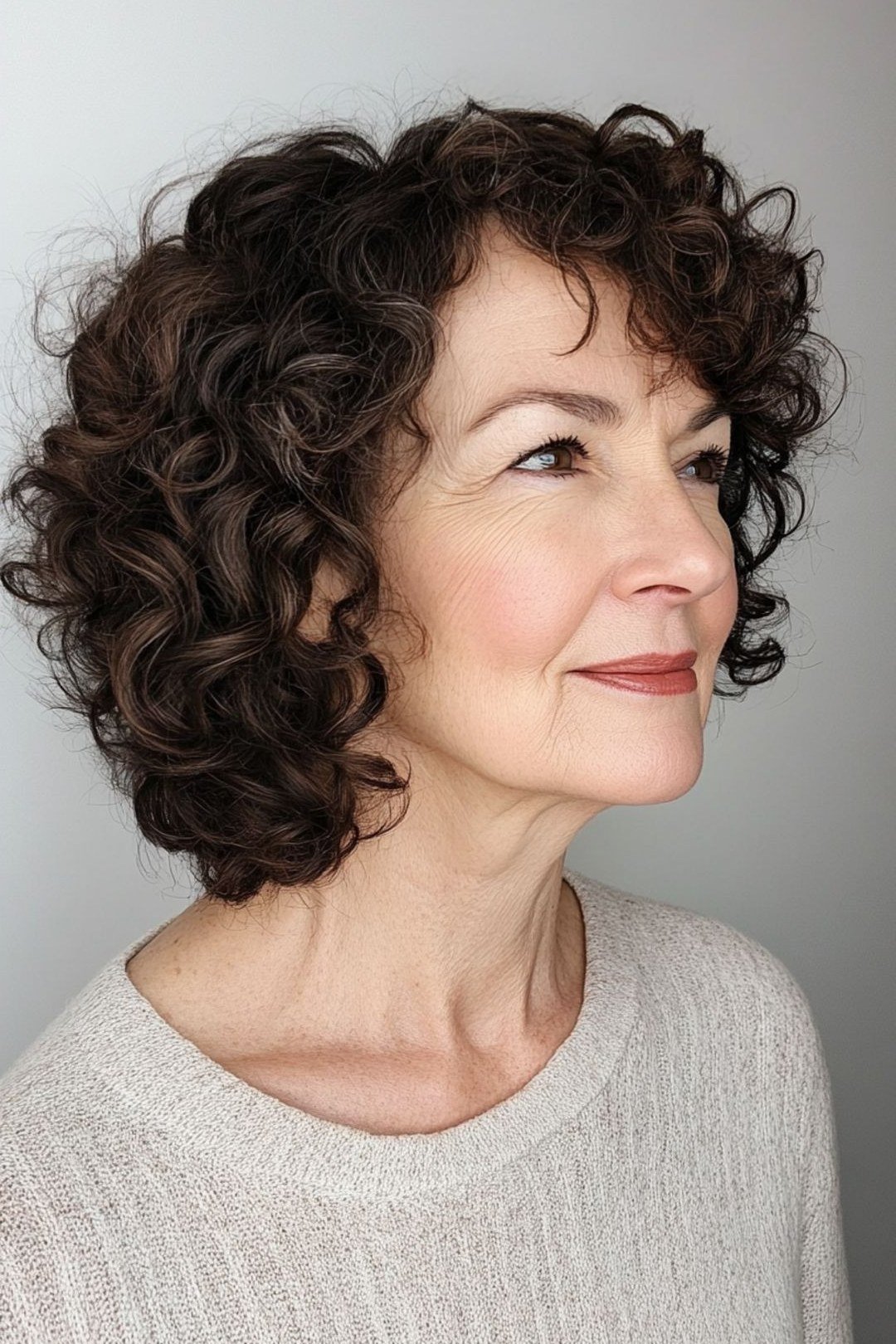 Dark curly bob hairstyle for women over 60, three quarter view