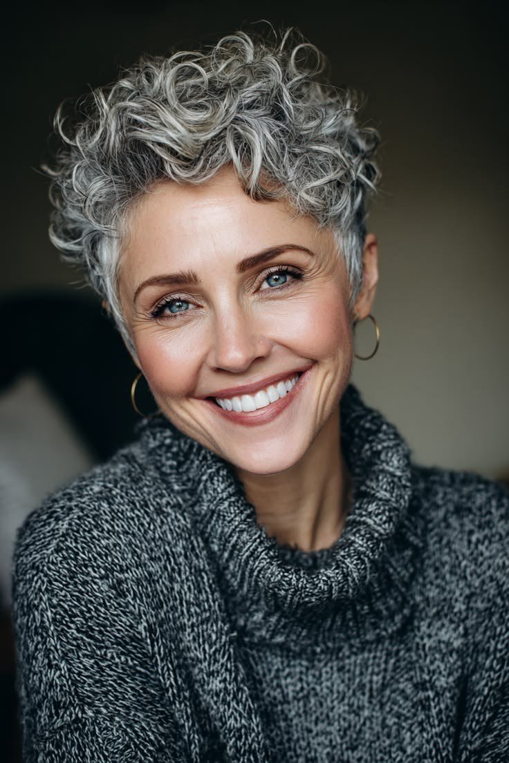Silver curly pixie haircut on a smiling older woman in a gray turtleneck, curly hairstyles for women over 50