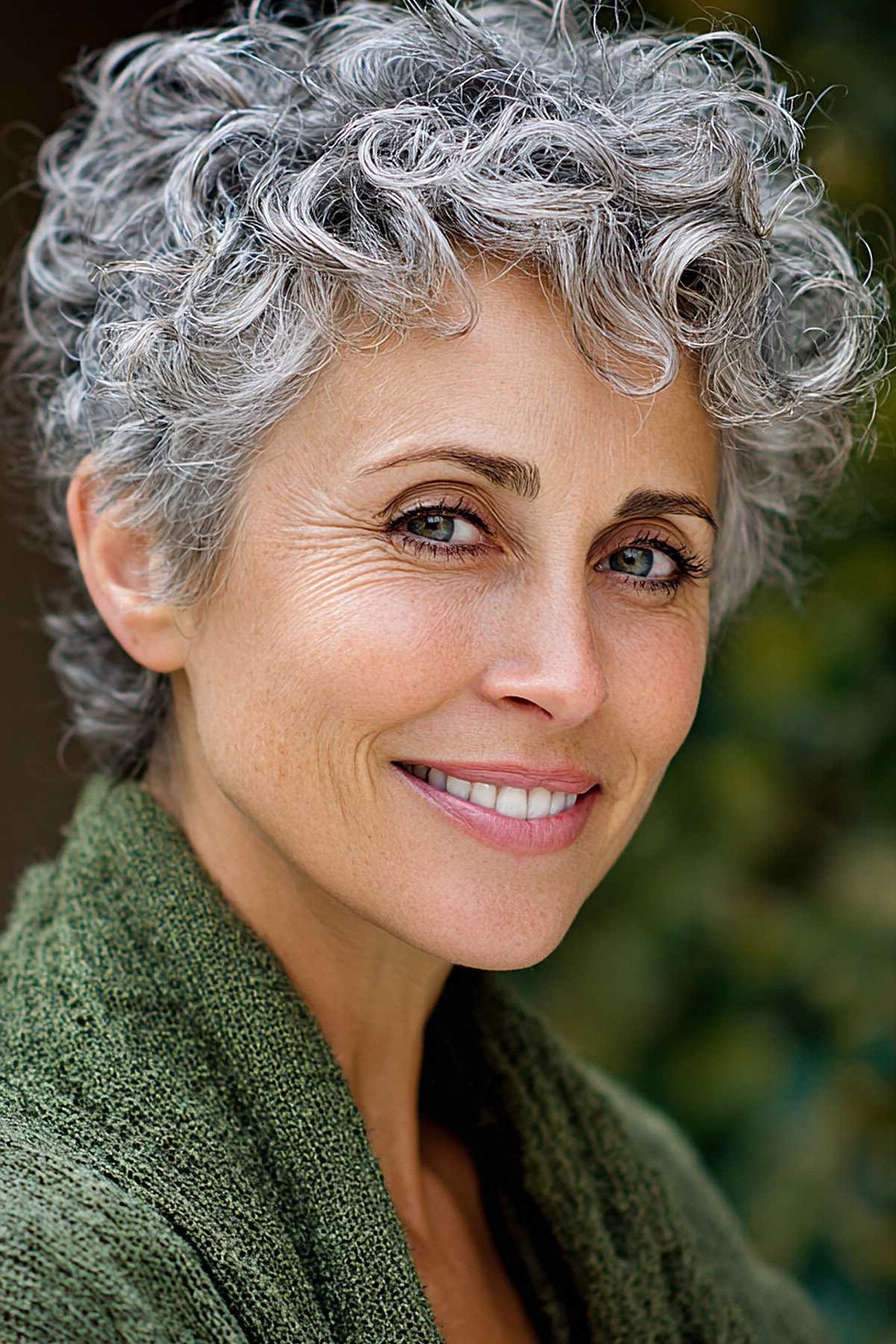 Silver curly crop with short layers and defined gray ringlets, curly hairstyles for women over 50