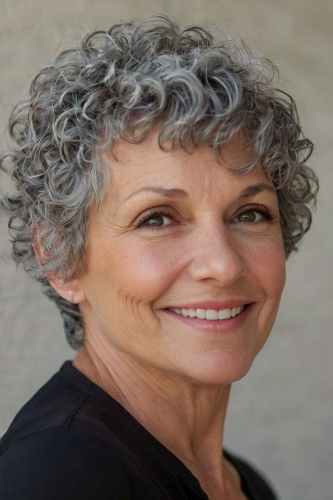 Silver curly bob haircut on an older woman in a black top, front view, curly hairstyles for women over 50