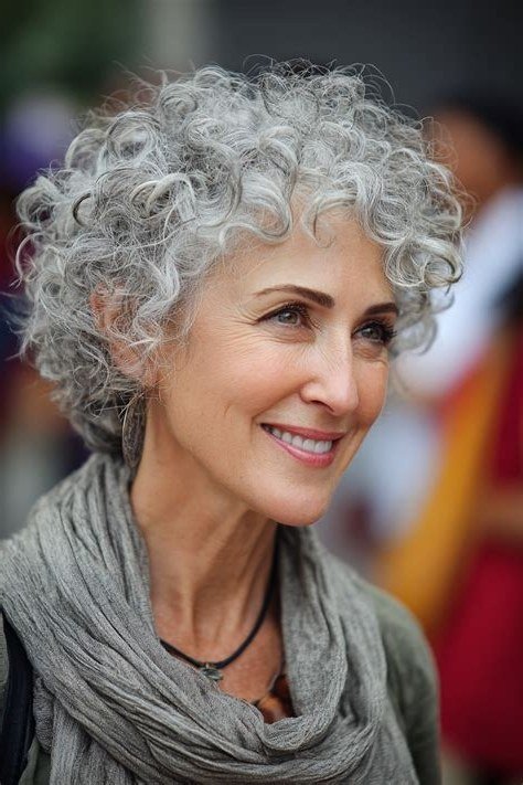 Tight silver curly crop haircut on an older woman with a gray scarf, curly hairstyles for women over 50