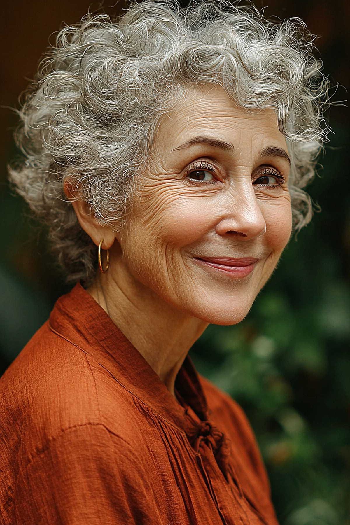 Copper-silver curly crop on an older woman in a rust top, outdoors, curly hairstyles for women over 50
