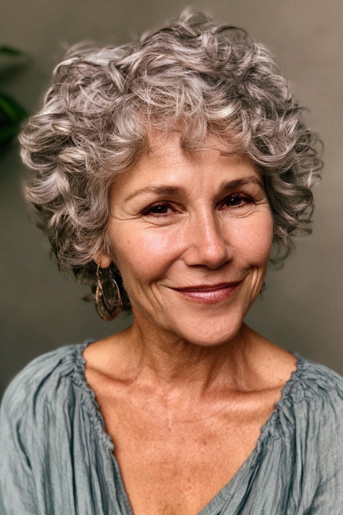 Salt-and-pepper curly bob on an older woman in a sage green top, curly hairstyles for women over 50