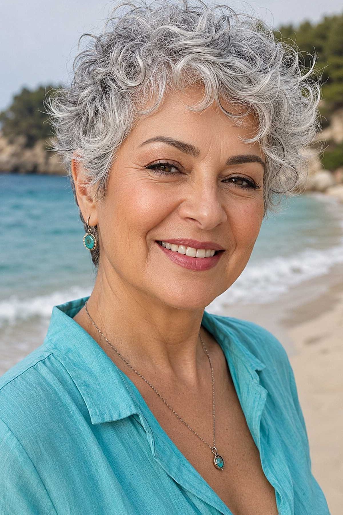 Silver curly pixie haircut on an older woman at the beach, turquoise shirt, curly hairstyles for women over 50