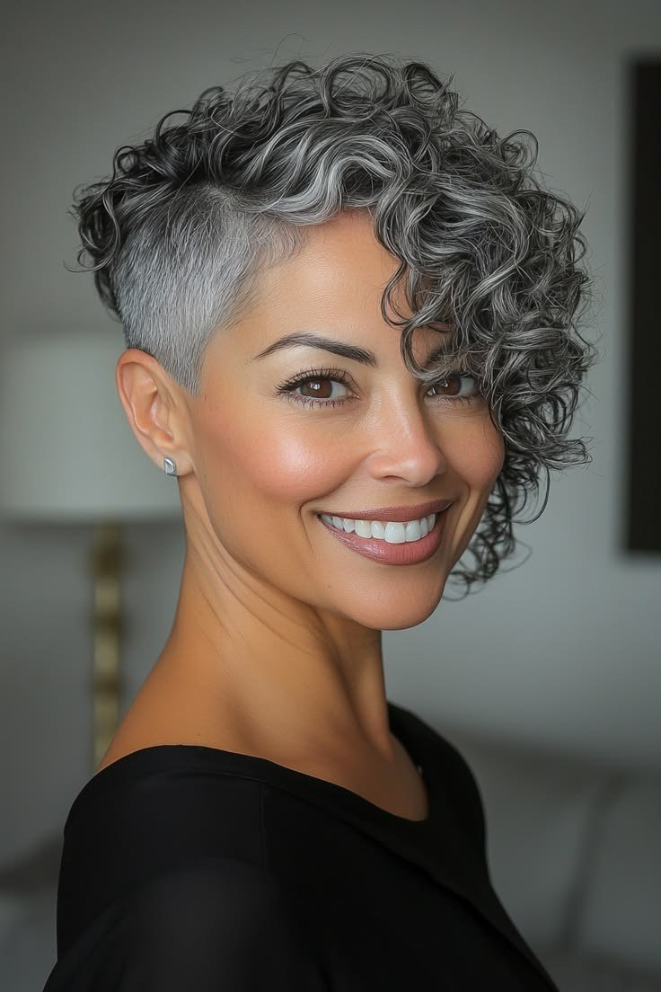 Silver undercut curly pixie with a closely cropped side on an older woman, curly hairstyles for women over 50