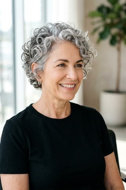Silver curly bob haircut on an older woman in a black top, seated portrait, curly hairstyles for women over 50