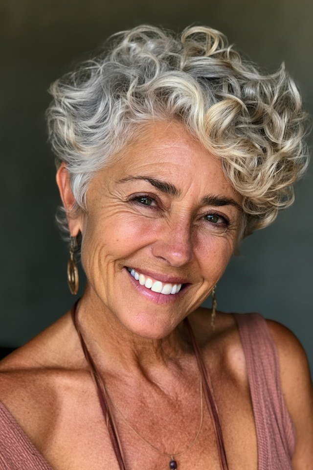 Salt-and-pepper curly bob on a smiling older woman in a pink top, curly hairstyles for women over 50