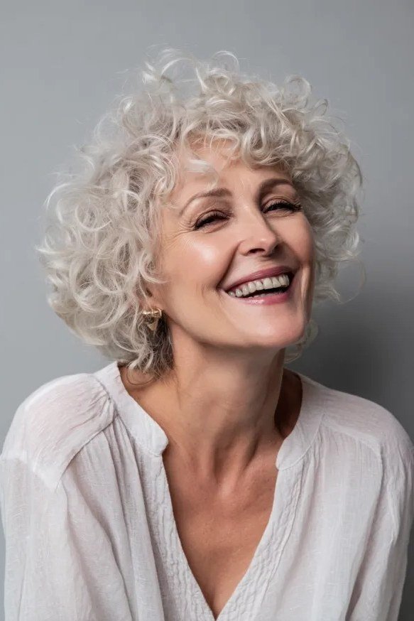 Silver curly crop on a laughing older woman in a white blouse, curly hairstyles for women over 50