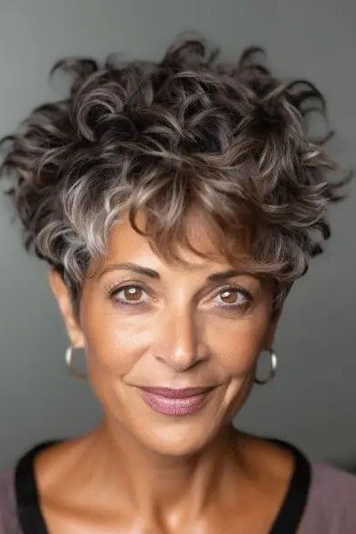 Brunette-silver curly pixie crop on an older woman with dark and gray tones, curly hairstyles for women over 50