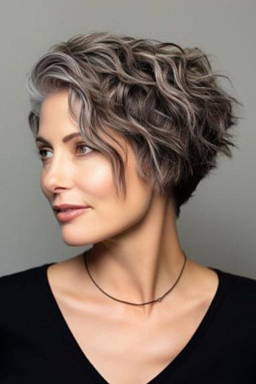 Grey wavy pixie with tapered sides on an older woman, side view, curly hairstyles for women over 50