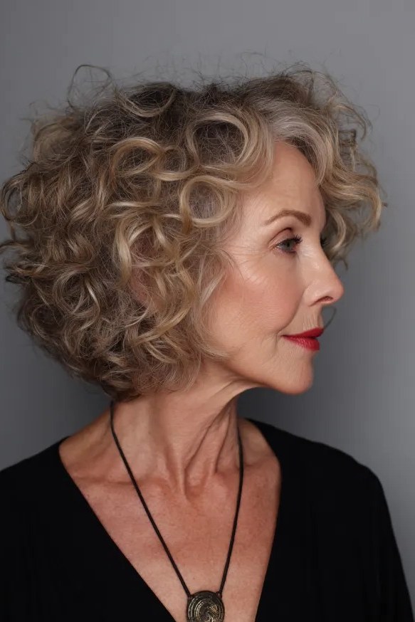 Honey blonde curly bob on an older woman, side profile, curly hairstyles for women over 50