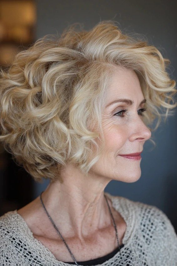 Blonde curly bob with soft waves on an older woman in a gray knit, curly hairstyles for women over 50