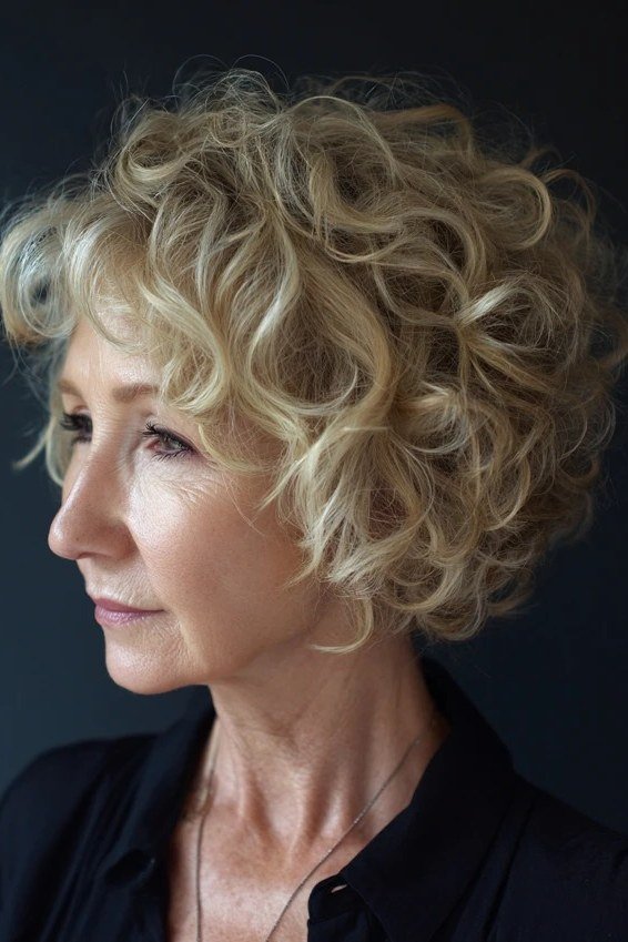 Honey blonde curly bob with defined curls on an older woman, dark background, curly hairstyles for women over 50