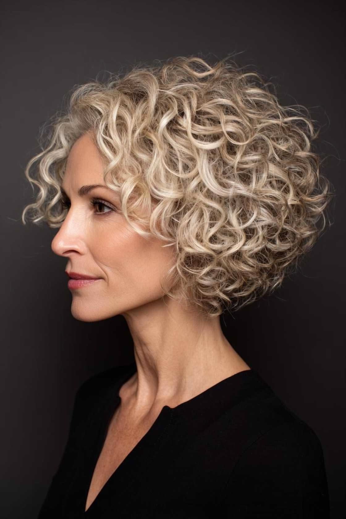 Blonde curly bob with defined spirals on an older woman, dark background, curly hairstyles for women over 50