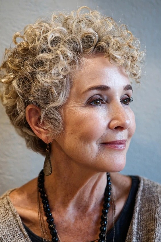 Silver curly crop with a beaded necklace on an older woman, curly hairstyles for women over 50