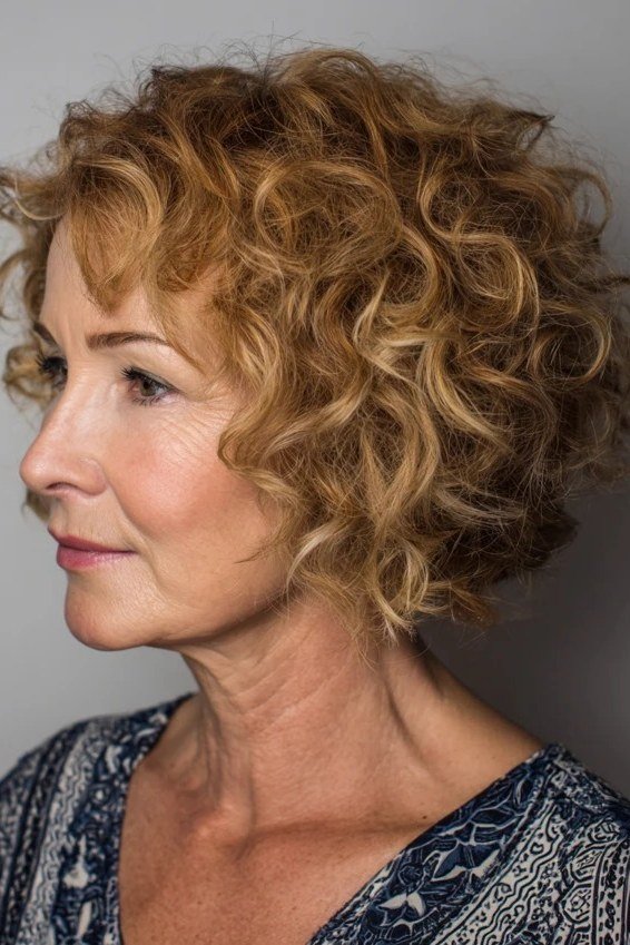 Auburn curly bob with copper-red curls on an older woman, side profile, curly hairstyles for women over 50
