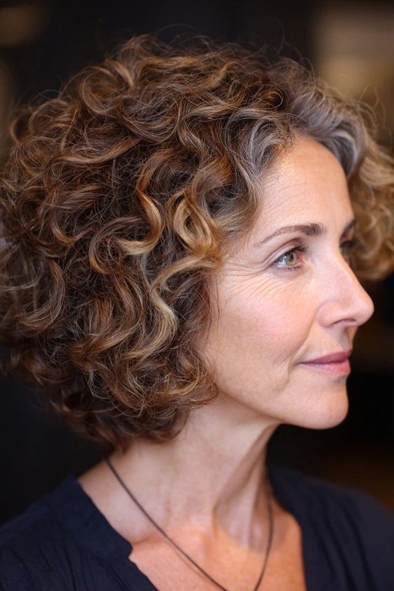 Dark brunette curly bob on an older woman, side view, curly hairstyles for women over 50