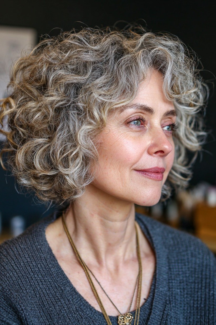Silver curly bob with soft waves on an older woman in a blue top, curly hairstyles for women over 50