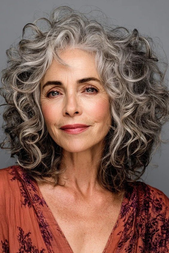 Long salt-and-pepper curly hair on an older woman, past shoulder length, curly hairstyles for women over 50