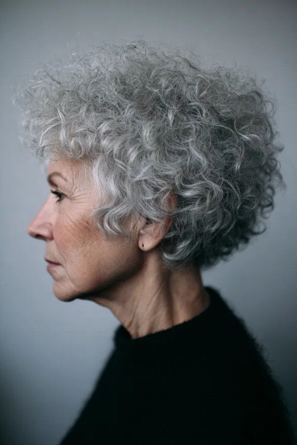 Classic silver curly bob on an older woman, side view, curly hairstyles for women over 50