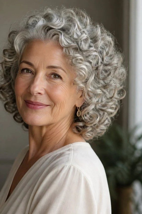 Shoulder-skimming silver curly bob on an older woman in a white top, curly hairstyles for women over 50