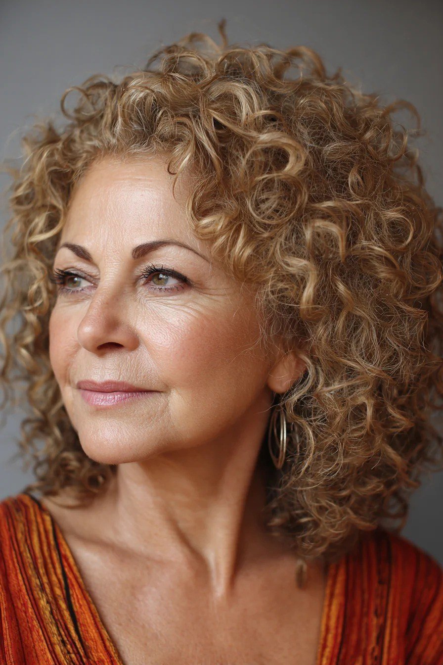 Voluminous auburn curly bob on an older woman in a rust top, curly hairstyles for women over 50