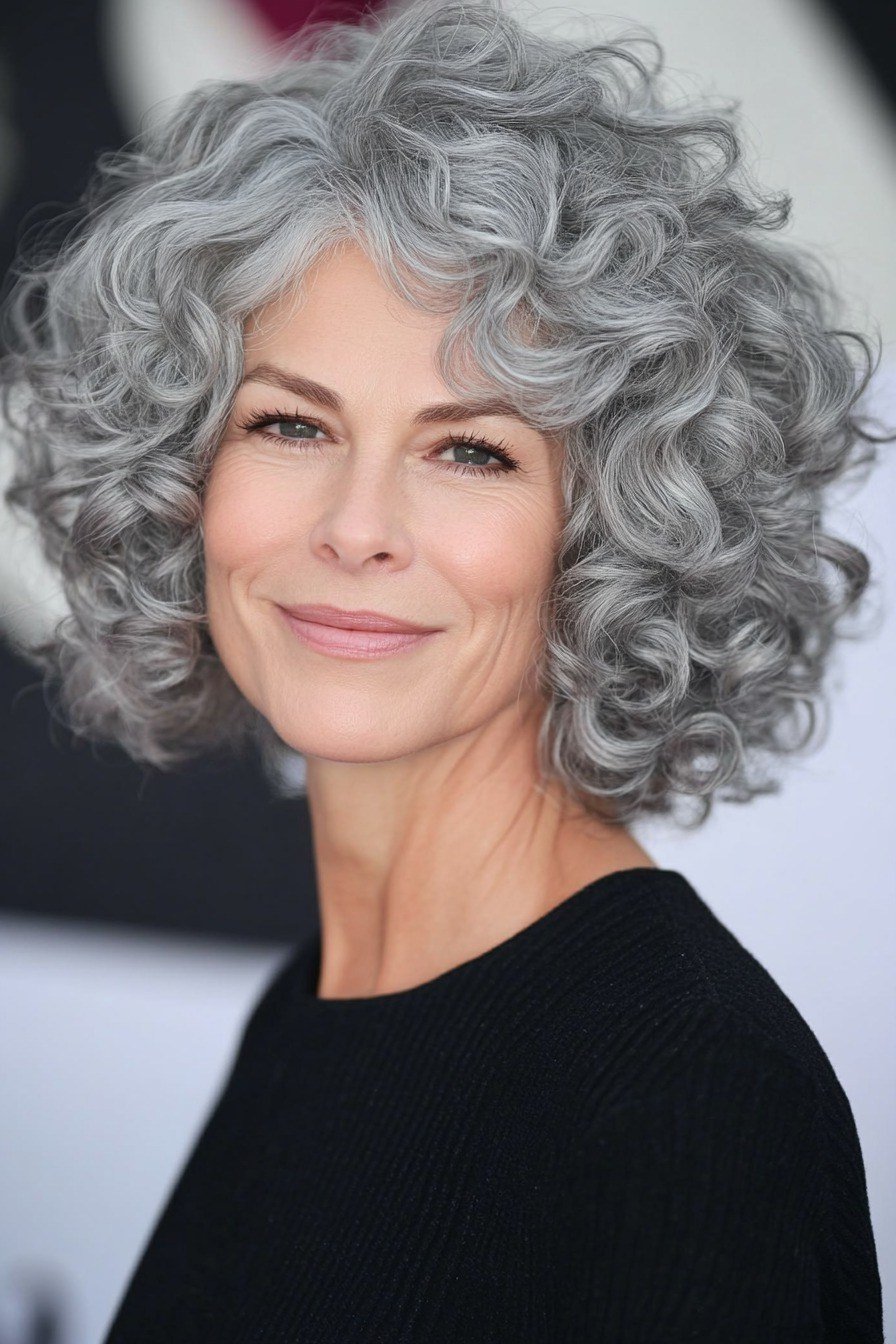 Voluminous silver curly bob on an older woman in a black top, curly hairstyles for women over 50