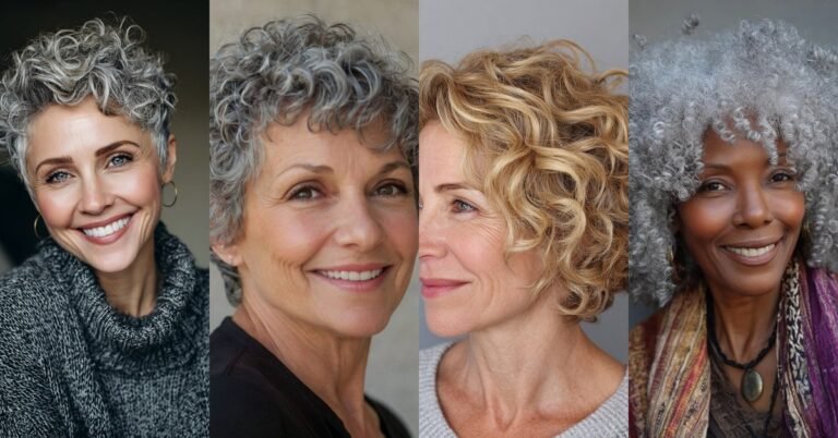 Silver curly hairstyles collage for women over 50, four flattering curly bob and pixie looks