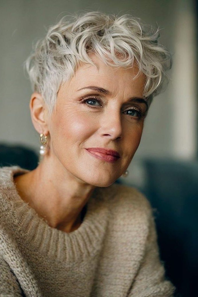 Soft Silver-White Curly Pixie - curly pixie haircut for women over 60 (idea 4 of 70)