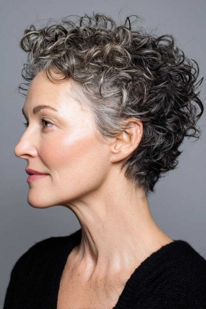 Dark Curly Pixie in Side Profile - curly pixie haircut for women over 60 (idea 10 of 70)