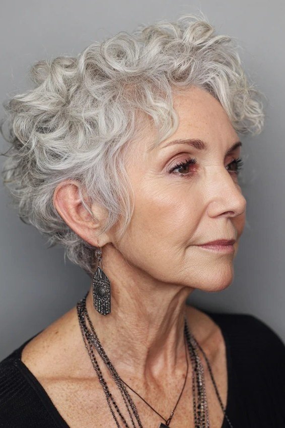 Silver Curly Pixie with Long Earrings - curly pixie haircut for women over 60 (idea 12 of 70)