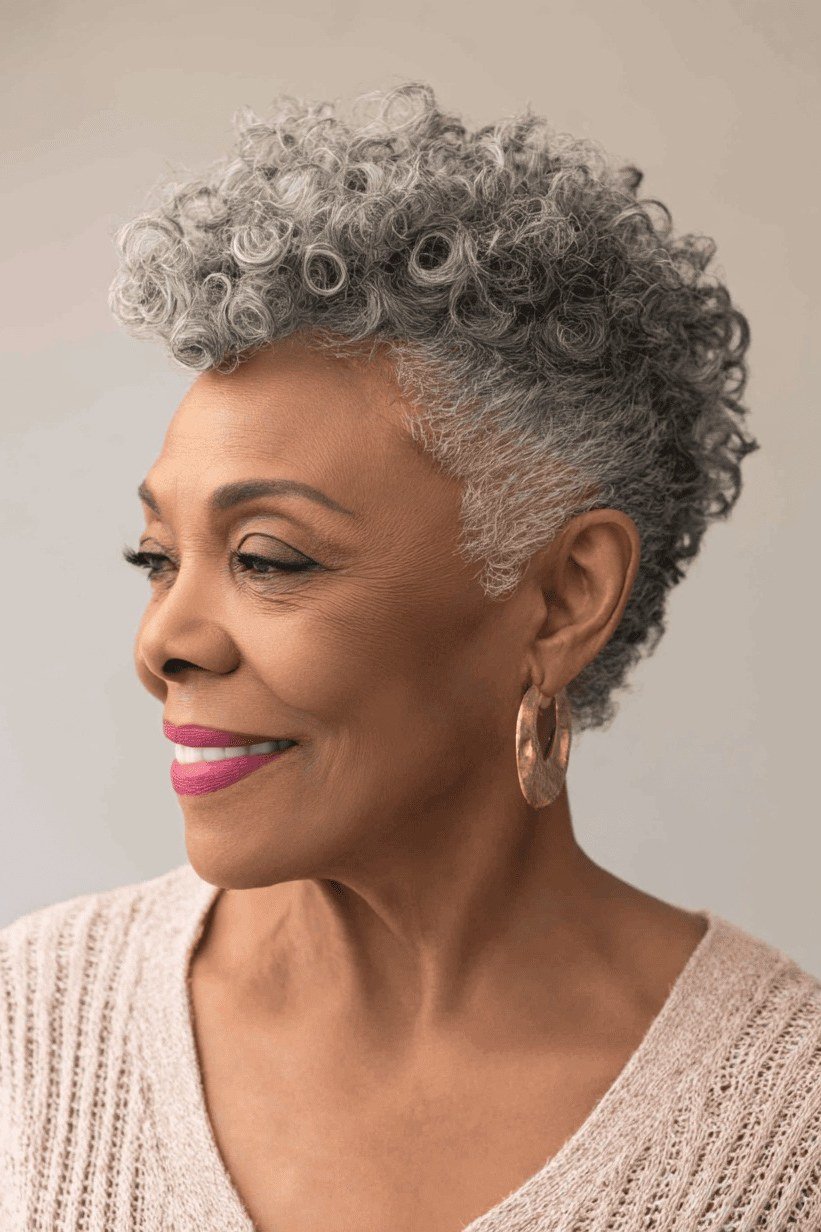 Gray Curly Pixie on Beautiful Dark Skin - curly pixie haircut for women over 60 (idea 13 of 70)