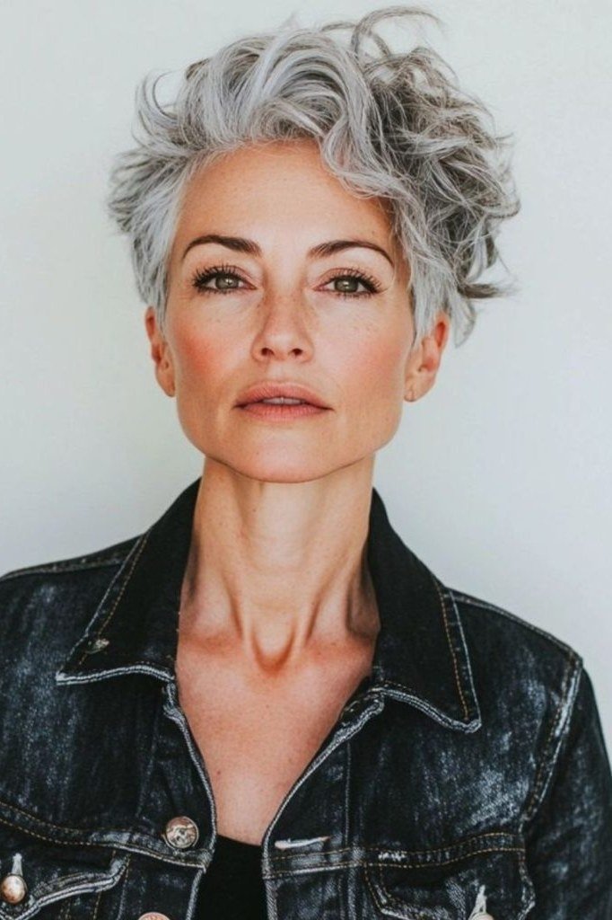Casual Gray Curly Pixie with Denim - curly pixie haircut for women over 60 (idea 15 of 70)
