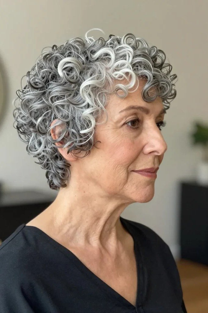 Silver Tight-Curl Pixie, Side View - curly pixie haircut for women over 60 (idea 16 of 70)