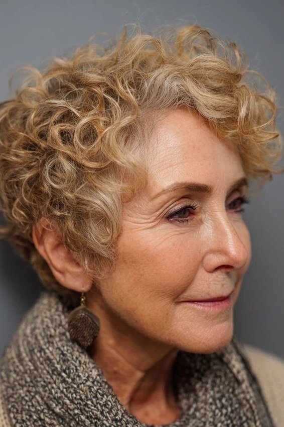 Honey-Blonde Curly Pixie - curly pixie haircut for women over 60 (idea 17 of 70)
