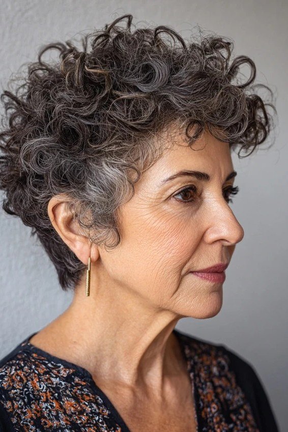Dark Gray Curly Pixie, Side Profile - curly pixie haircut for women over 60 (idea 18 of 70)