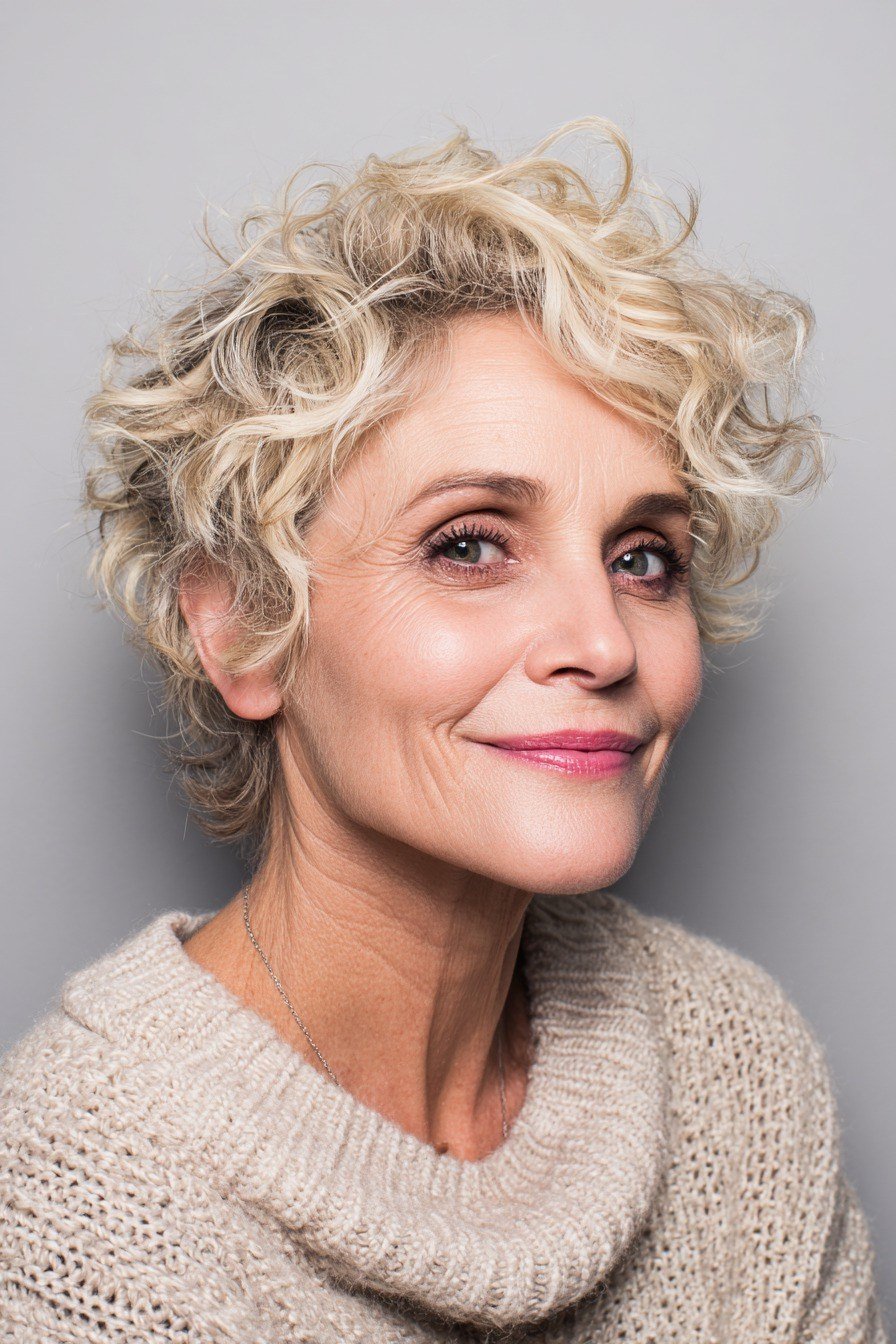 Blonde Curly Pixie in Cream Knit - curly pixie haircut for women over 60 (idea 19 of 70)