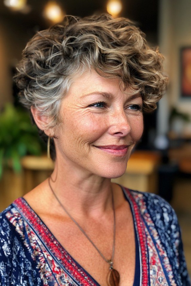 Brown-Gray Curly Pixie - curly pixie haircut for women over 60 (idea 20 of 70)