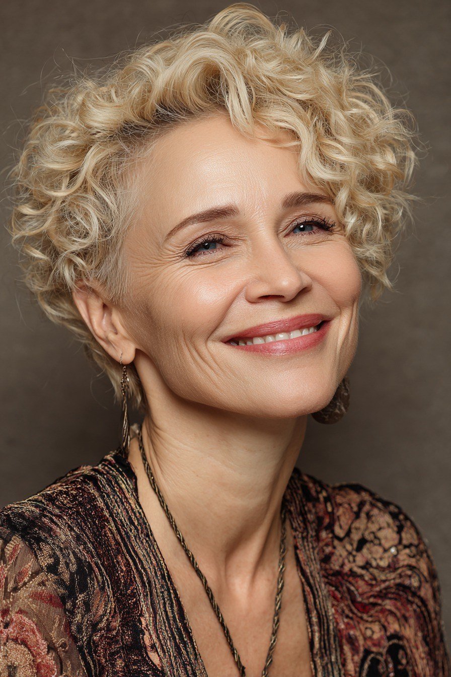 Smiling Blonde Curly Pixie - curly pixie haircut for women over 60 (idea 21 of 70)