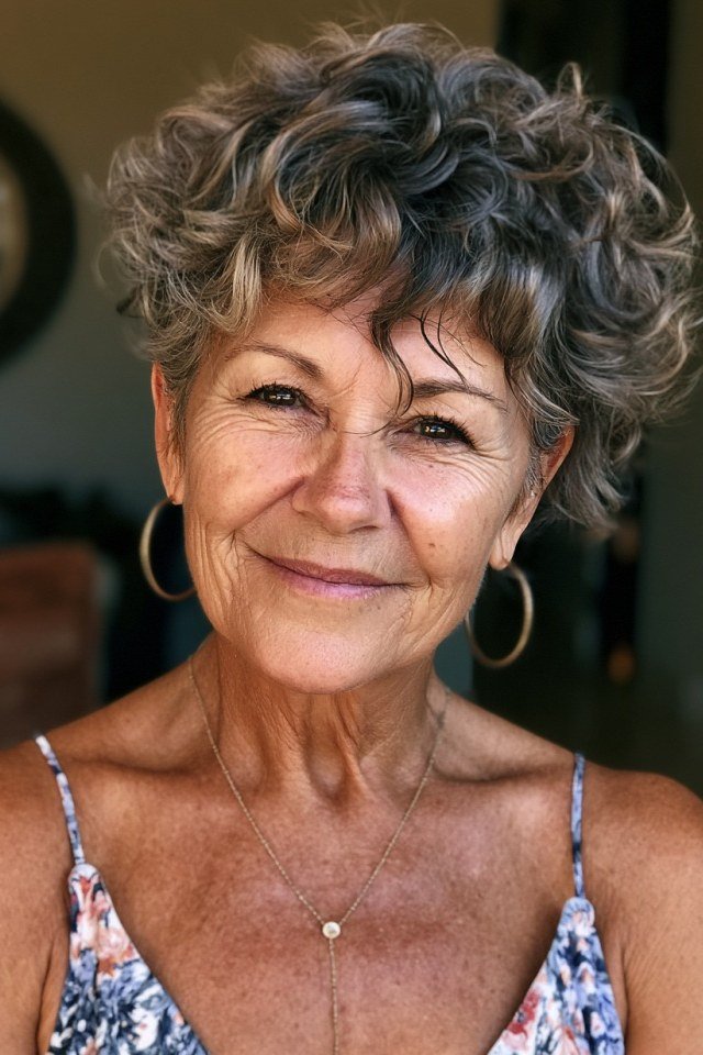 Gray Curly Pixie with Hoop Earrings - curly pixie haircut for women over 60 (idea 23 of 70)
